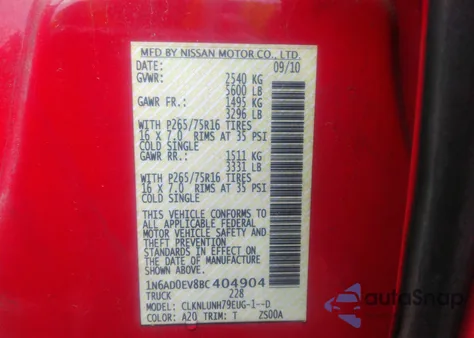 2011 Nissan Frontier Pro-4X z USA, uszkodzony, nr VIN 1N6AD0EV8BC404904